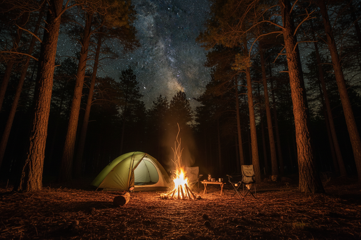 I need a image of a tent and campfire in the woods at night